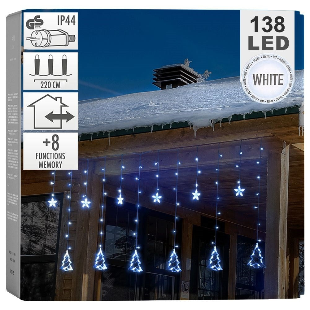 String of lights with stars & fir trees - 138 LEDs, 8 light modes