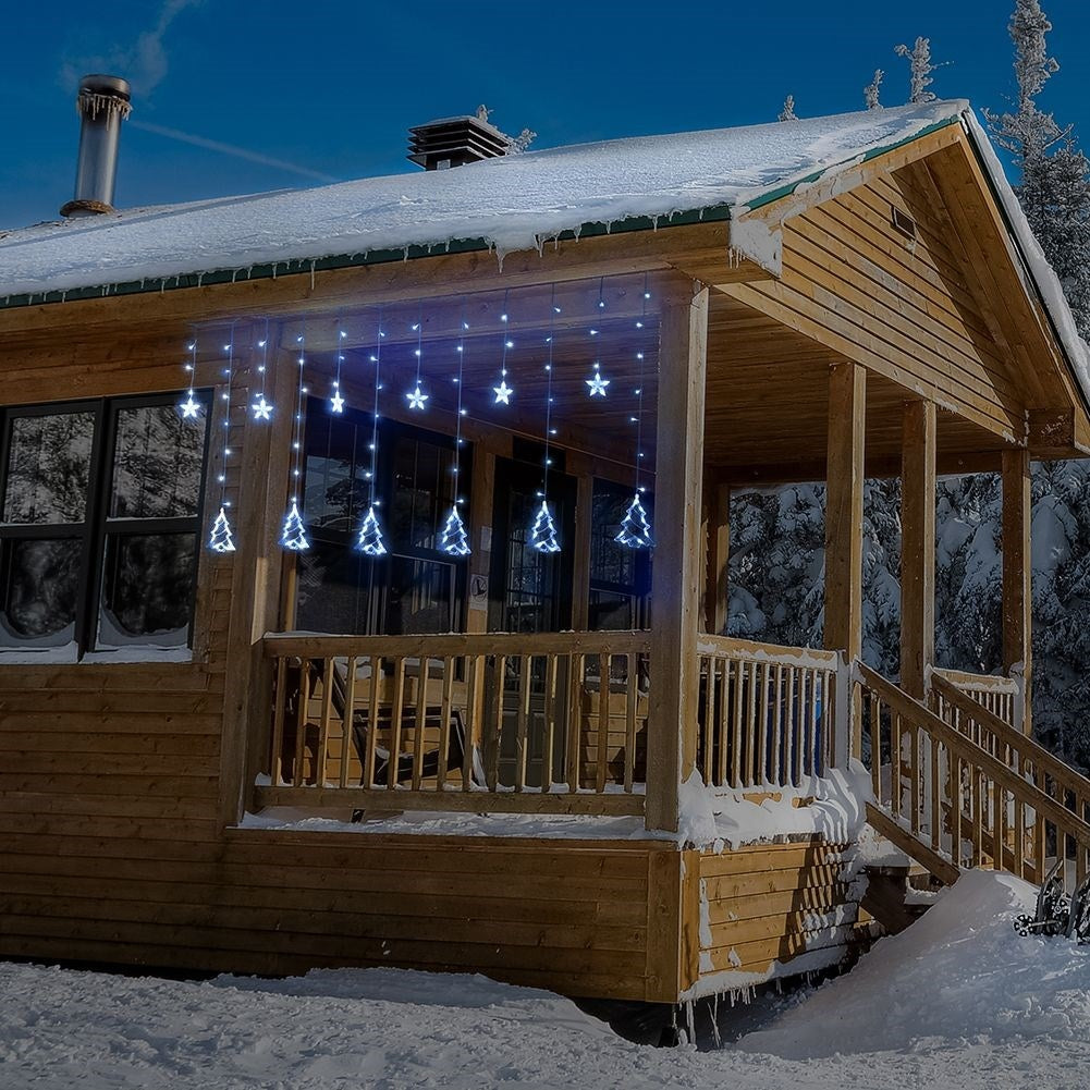 String of lights with stars & fir trees - 138 LEDs, 8 light modes