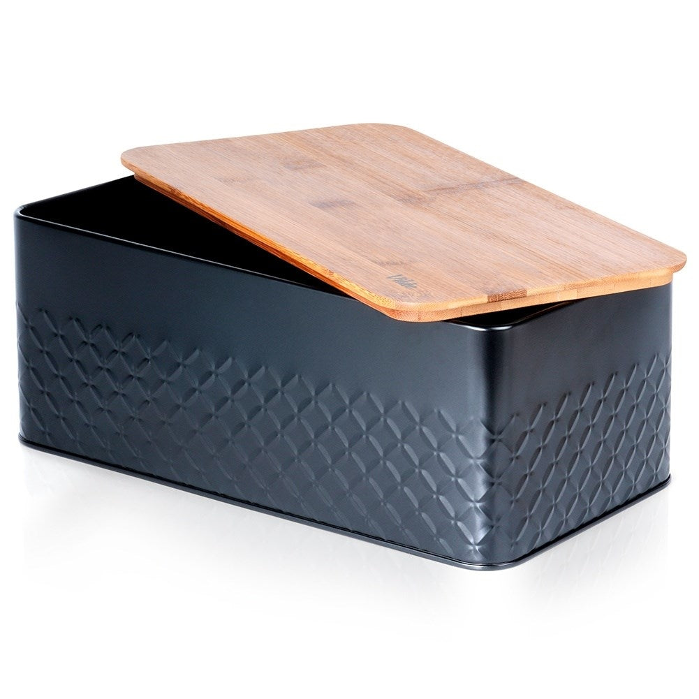 Stylish Black Metal Bread Box with Cutting Board Lid