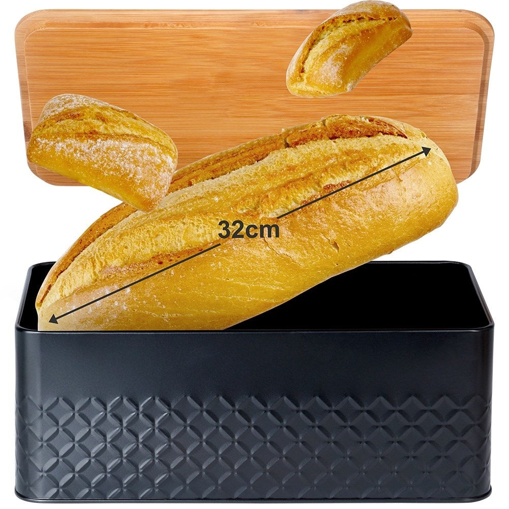 Stylish Black Metal Bread Box with Cutting Board Lid