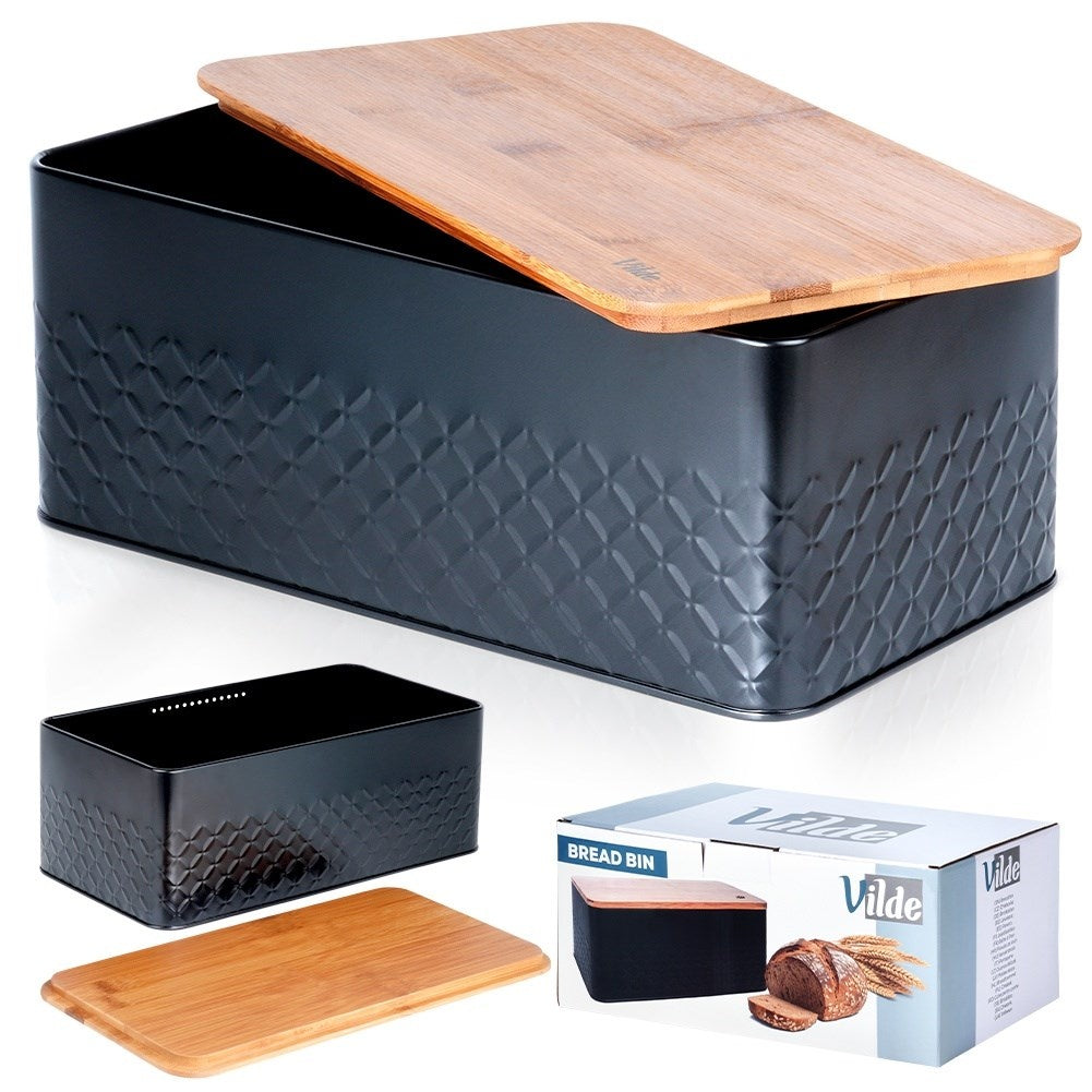 Stylish Black Metal Bread Box with Cutting Board Lid