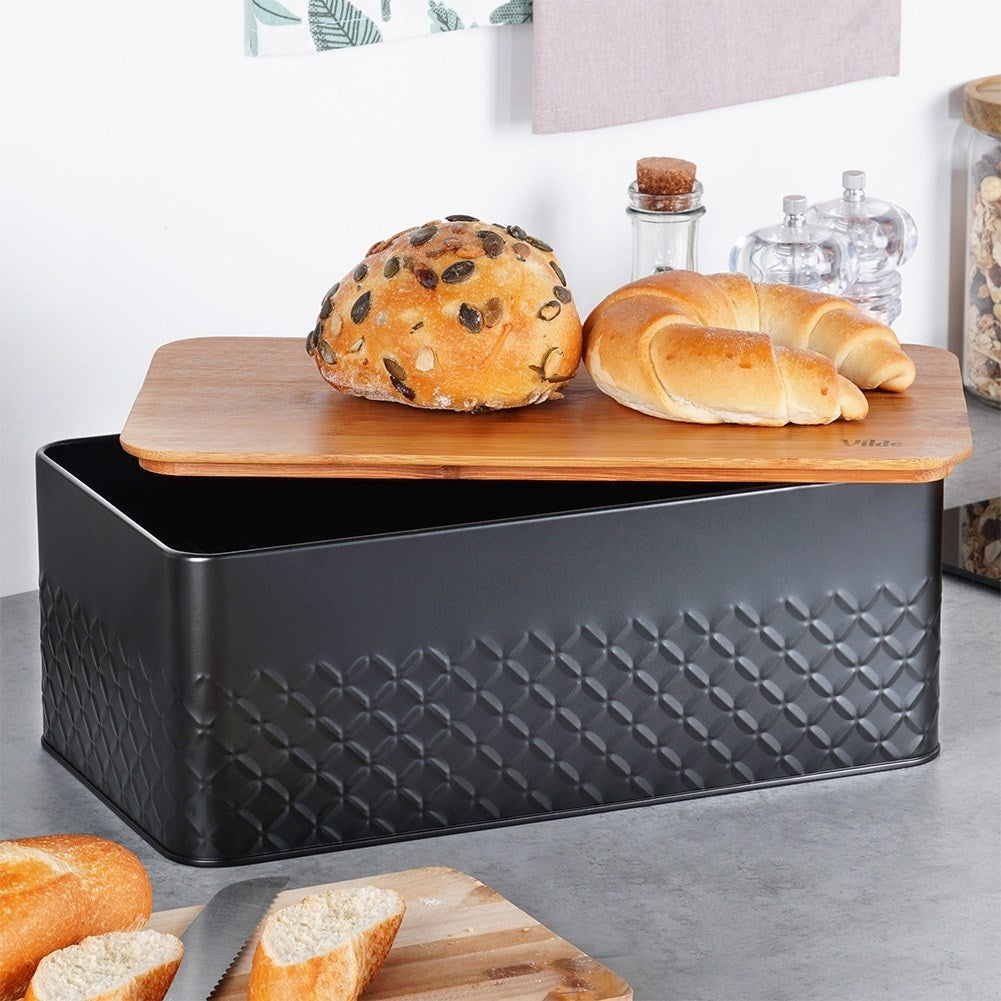 Stylish Black Metal Bread Box with Cutting Board Lid