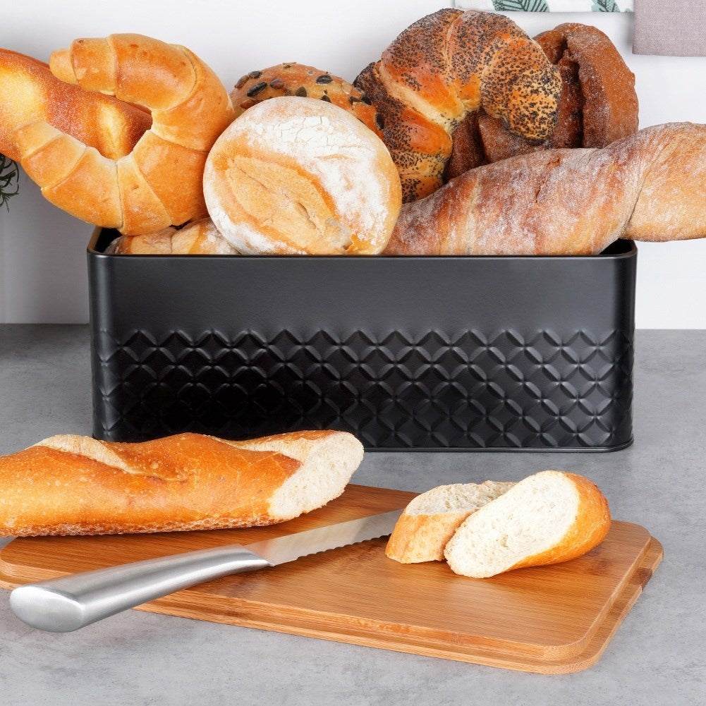 Stylish Black Metal Bread Box with Cutting Board Lid