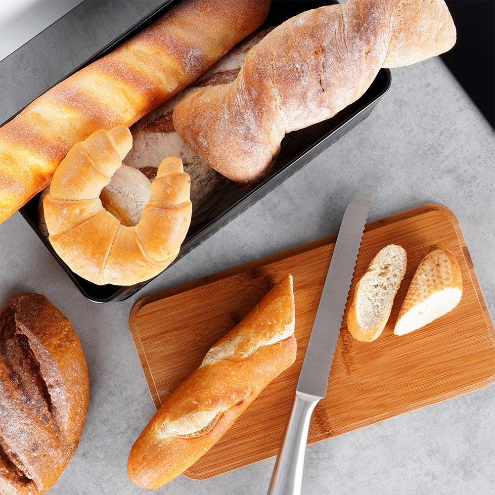 Stylish Black Metal Bread Box with Cutting Board Lid