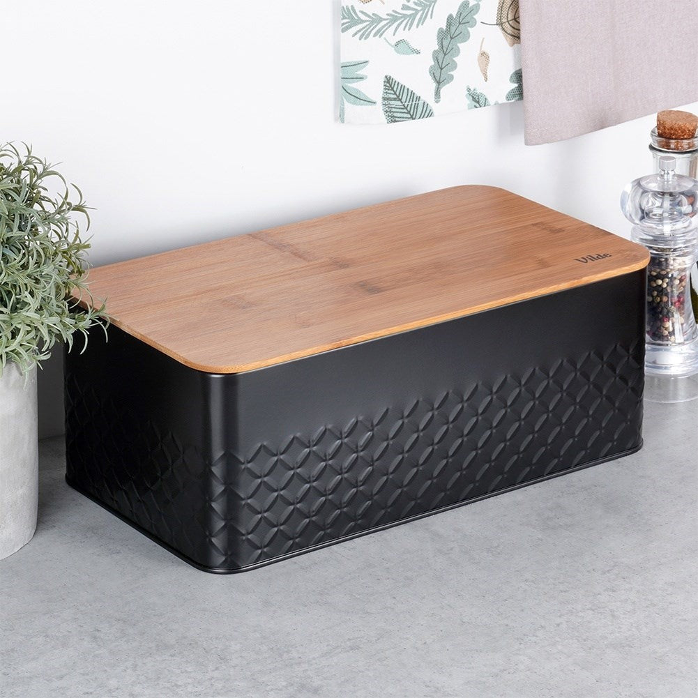 Stylish Black Metal Bread Box with Cutting Board Lid