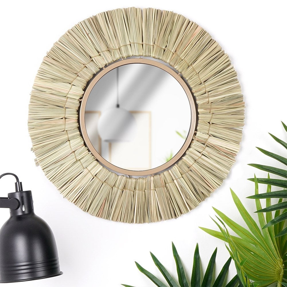 Stylish Wall Mirror with Natural Raffia Frame - 42 cm