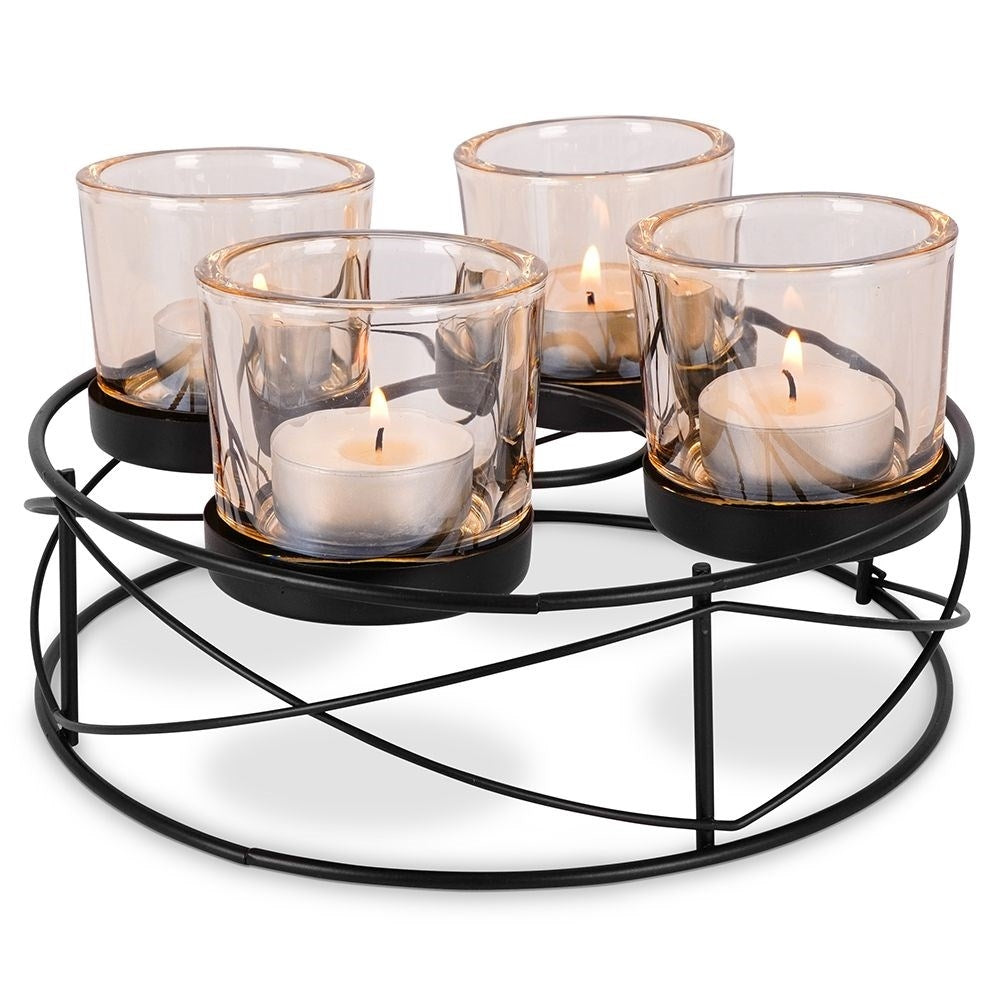 Stylish black candlestick for four tealights with glass insert