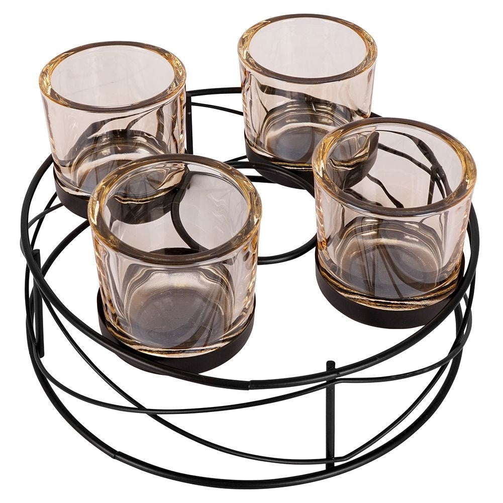 Stylish black candlestick for four tealights with glass insert