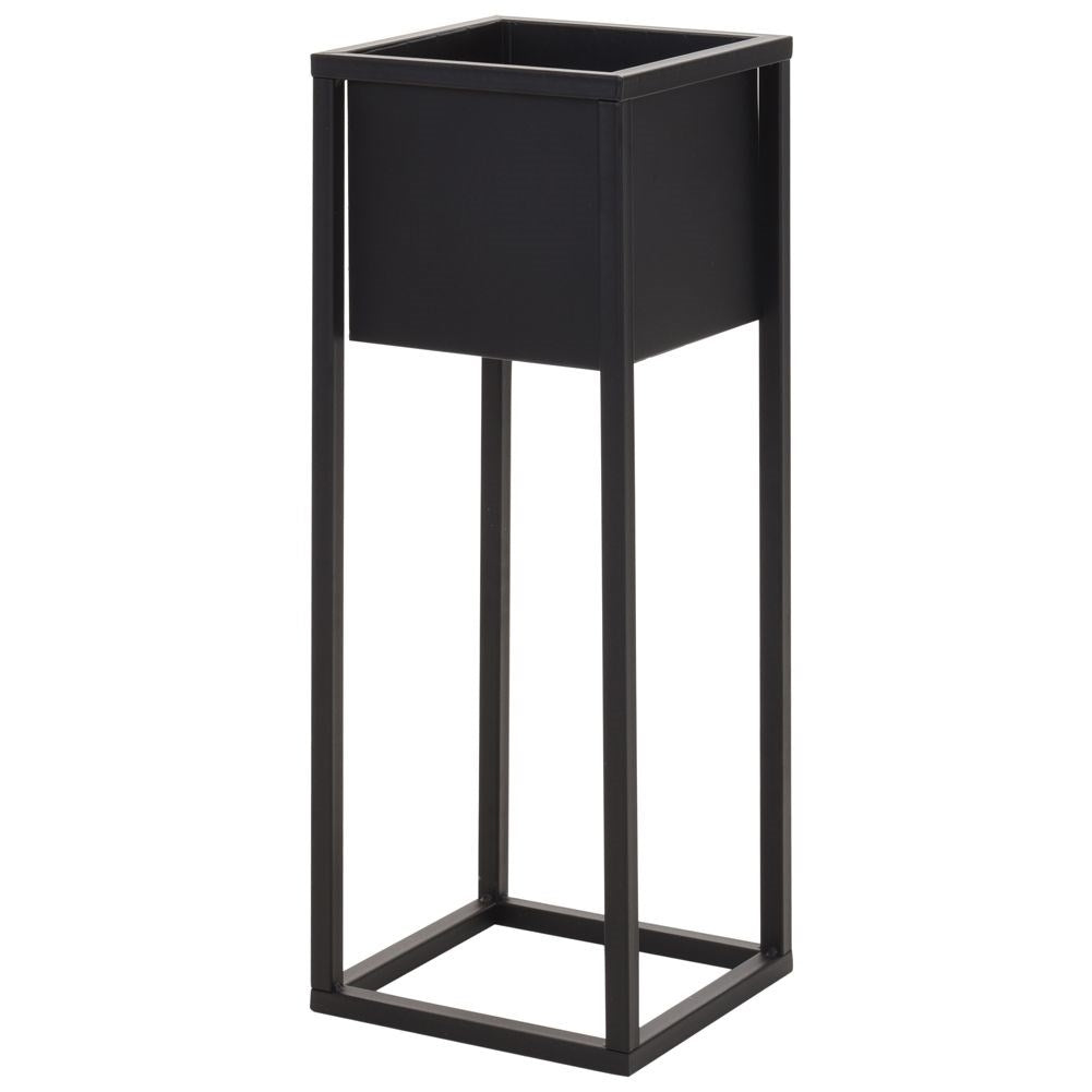 Stylish black metal flower pot on a stand