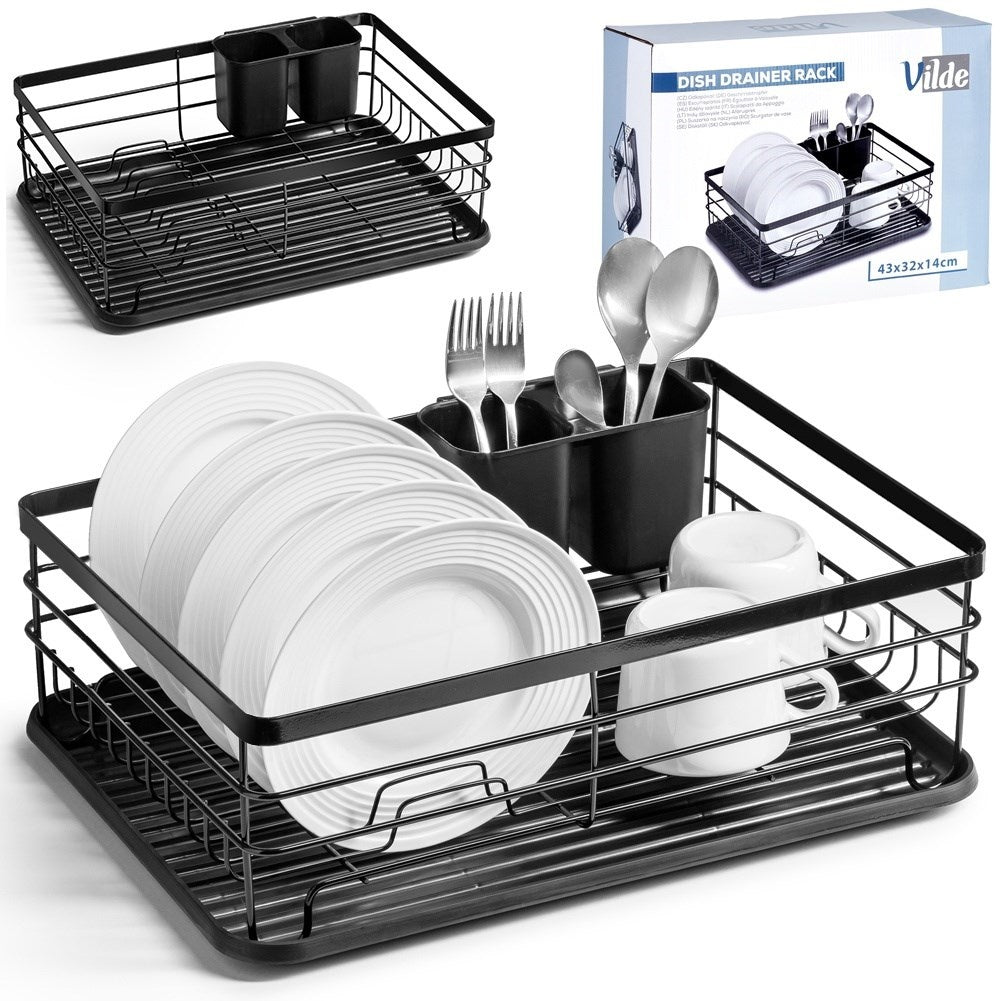 Stylish black stainless steel dish rack with drip tray