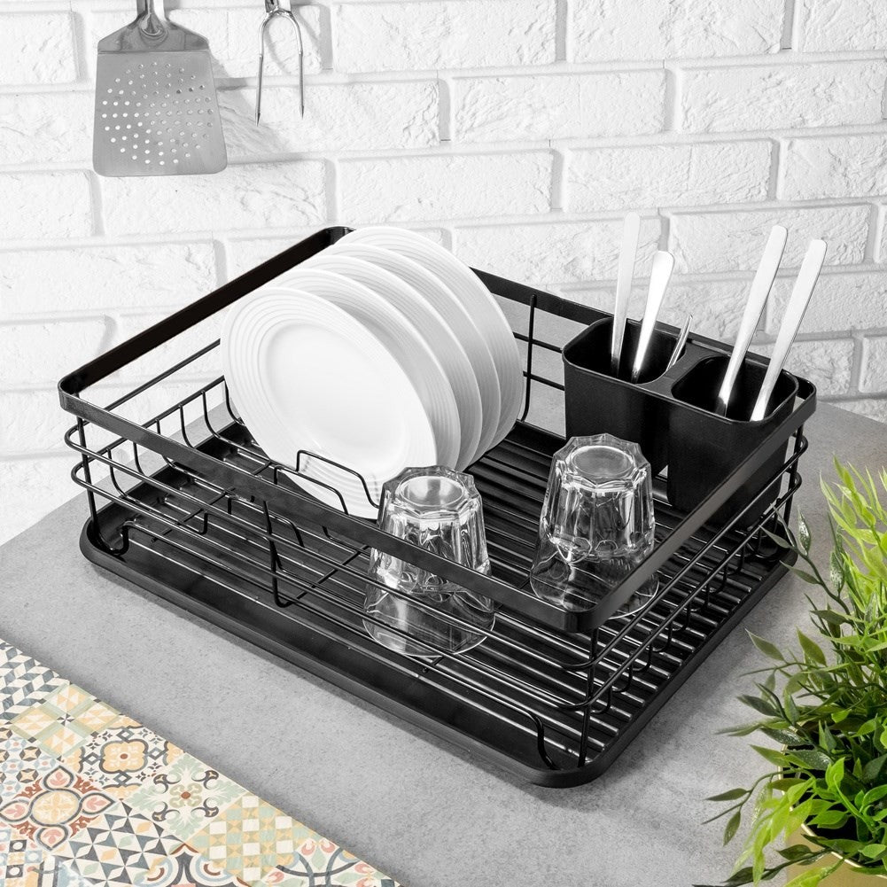 Stylish black stainless steel dish rack with drip tray