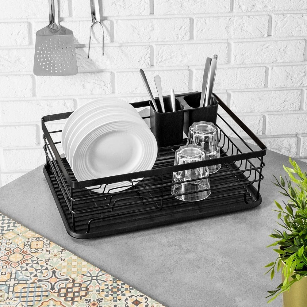 Stylish black stainless steel dish rack with drip tray