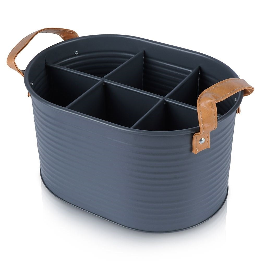 Stylish bottle storage in metal with leather handle, holds 6 bottles