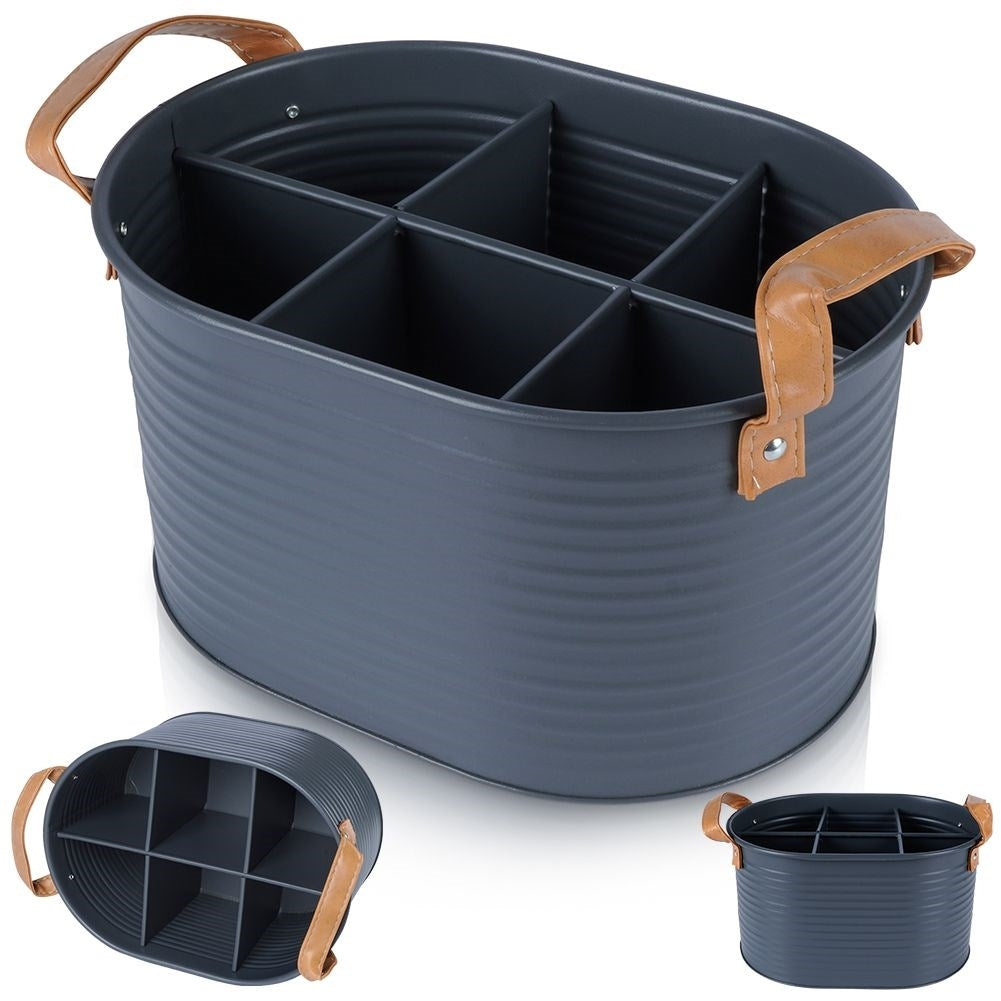 Stylish bottle storage in metal with leather handle, holds 6 bottles