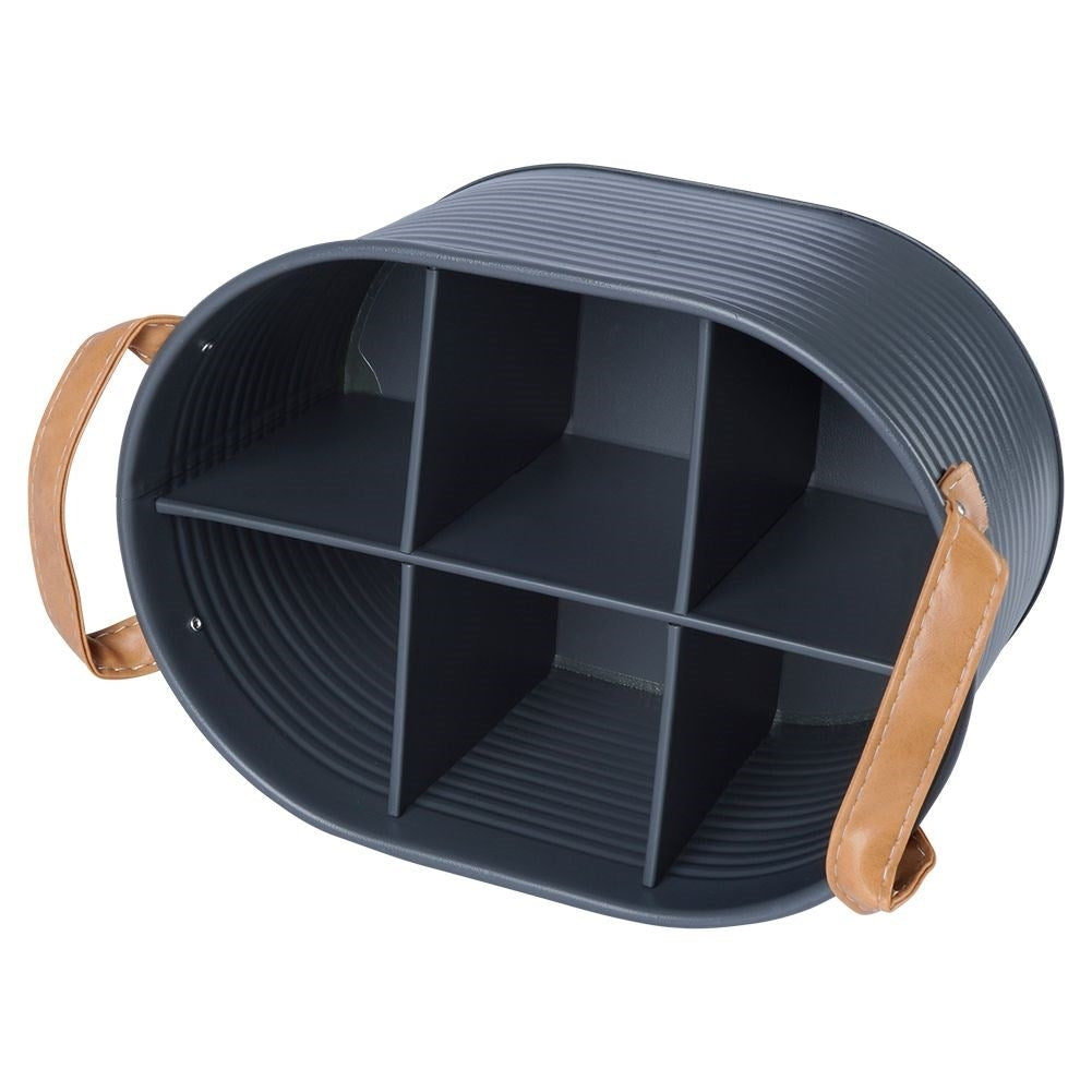 Stylish bottle storage in metal with leather handle, holds 6 bottles
