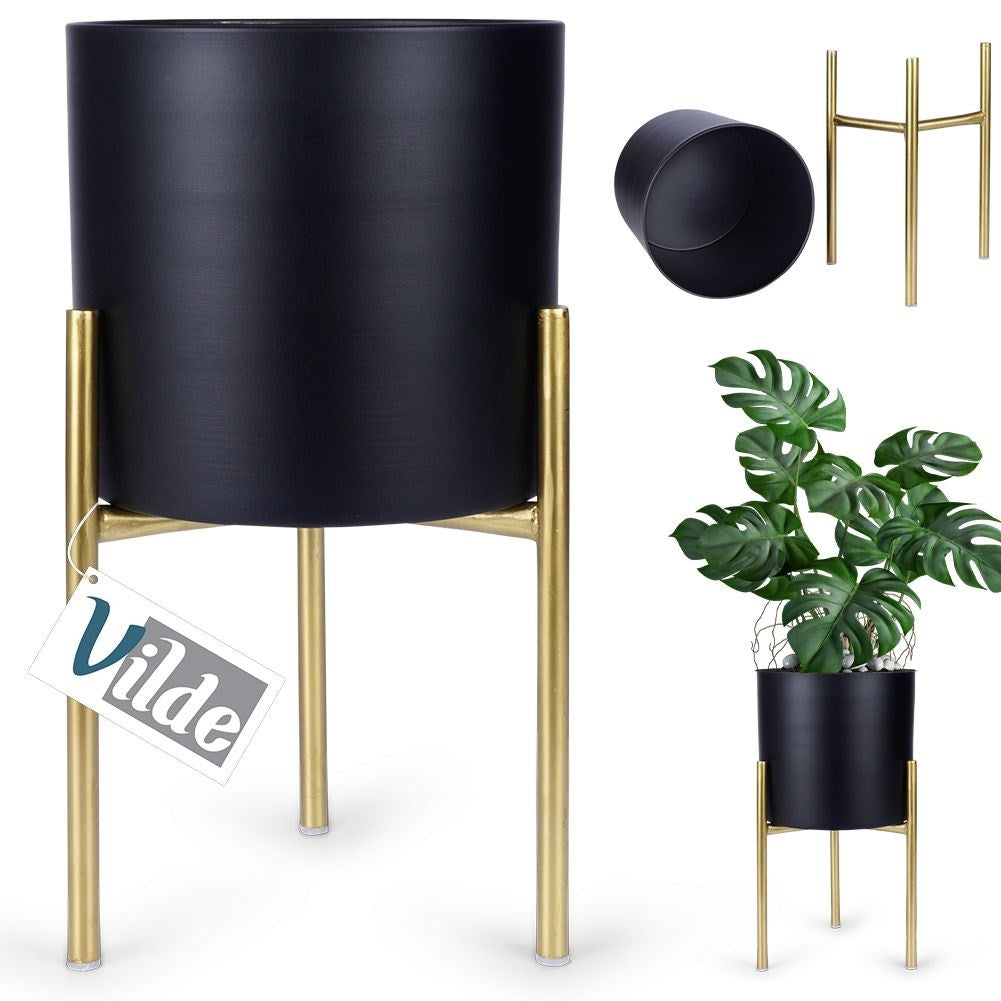 Stylish metal pot on stand for live and artificial plants