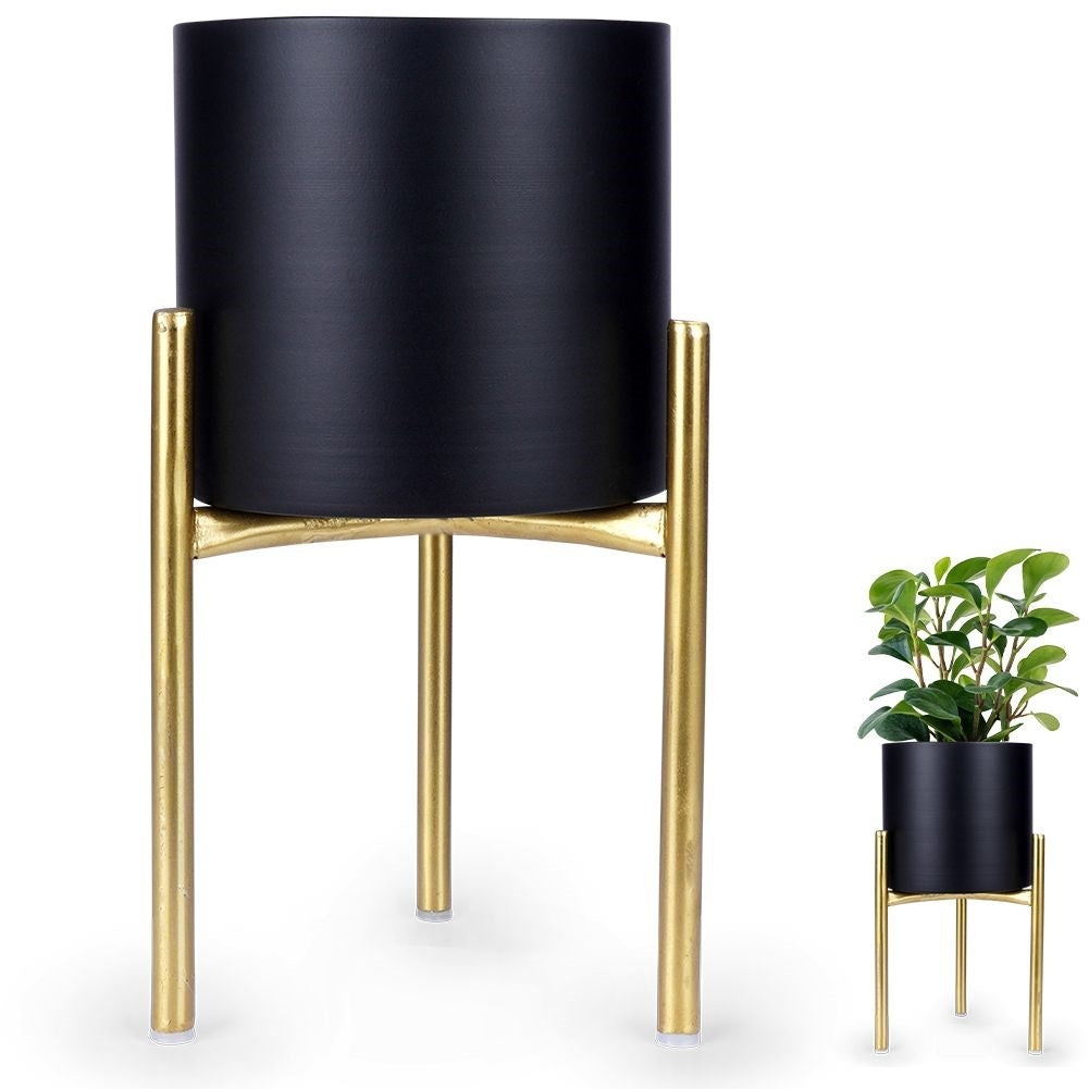 Stylish metal pot on stand in black and gold for plants
