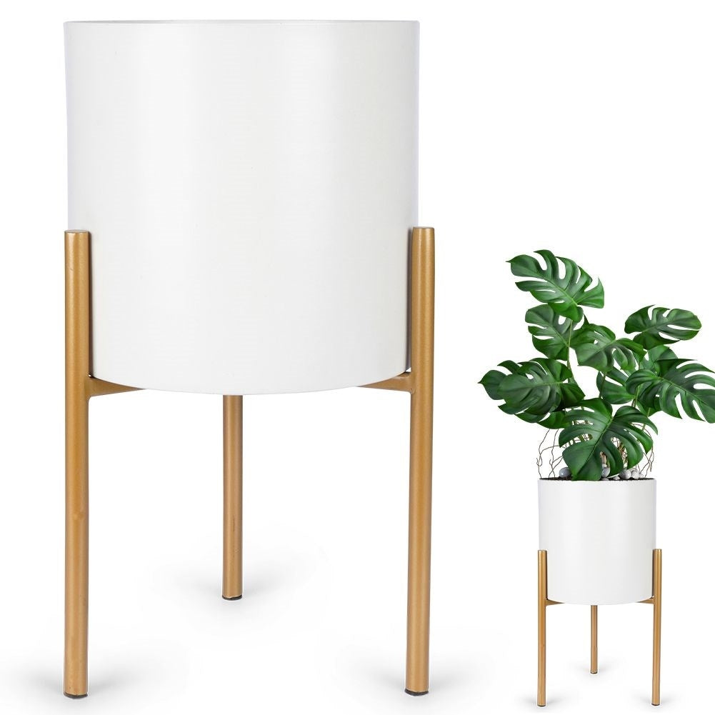 Stylish metal pot on stand in cream white and gold