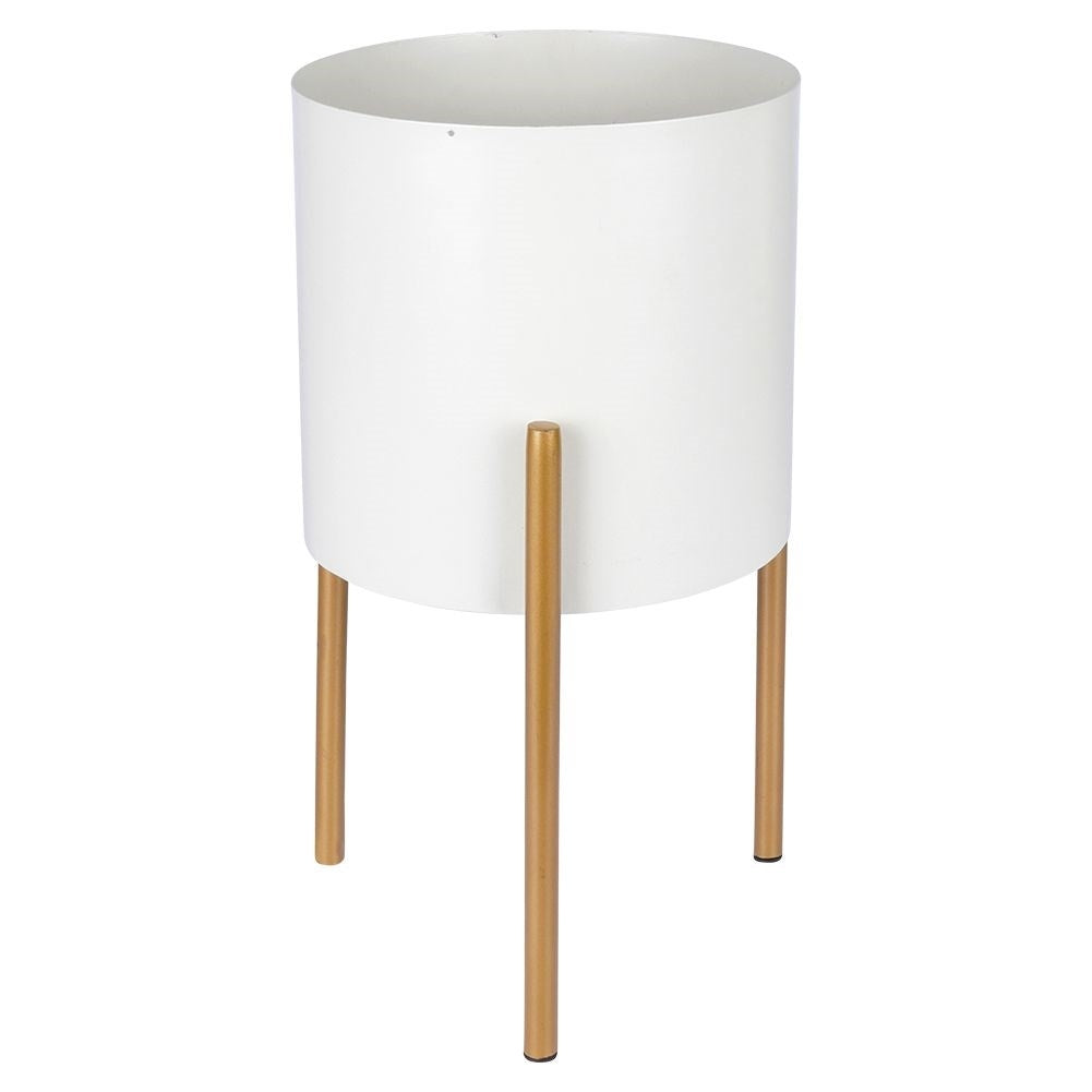 Stylish metal pot on stand in cream white and gold