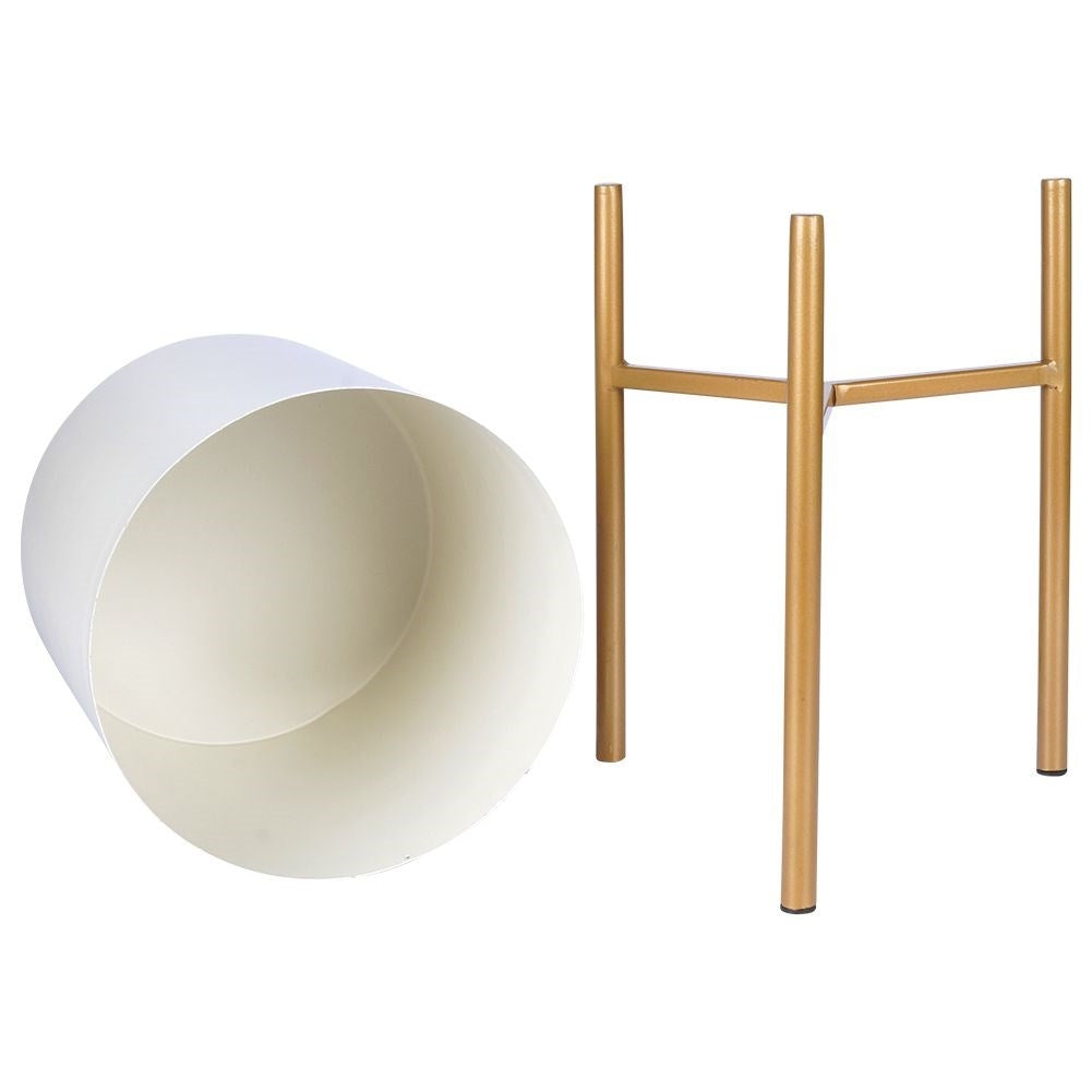 Stylish metal pot on stand in cream white and gold