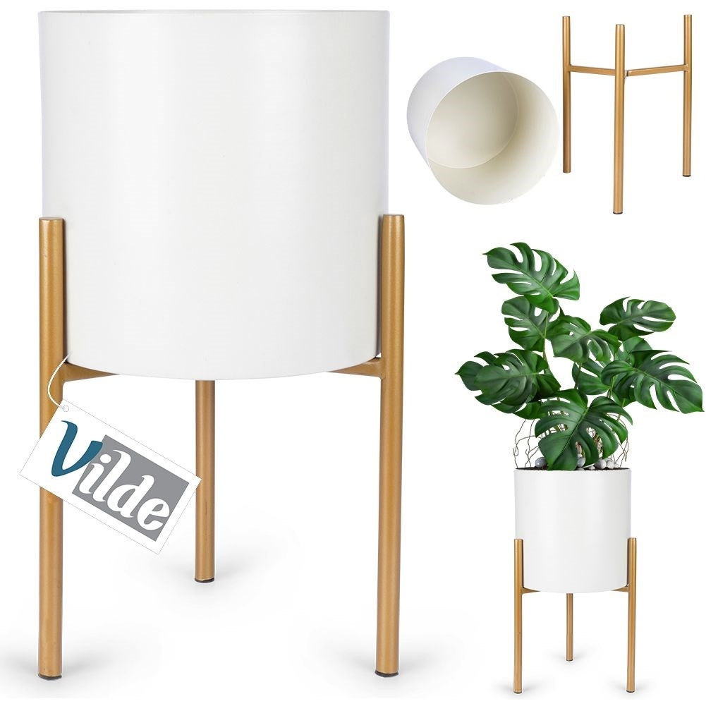 Stylish metal pot on stand in cream white and gold