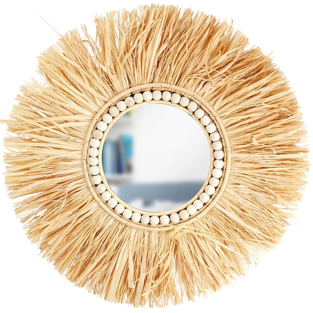 Stylish mirror 50 cm with raffia frame and wooden beads