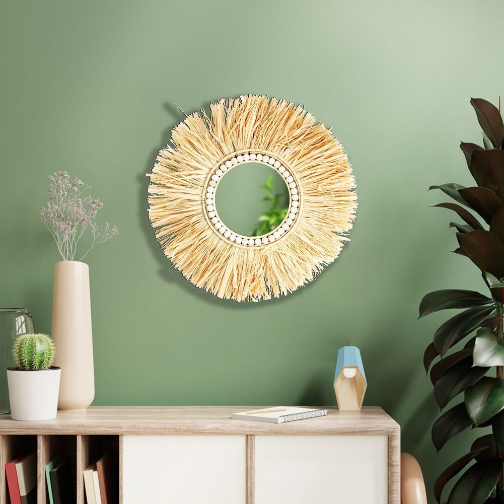 Stylish mirror 50 cm with raffia frame and wooden beads