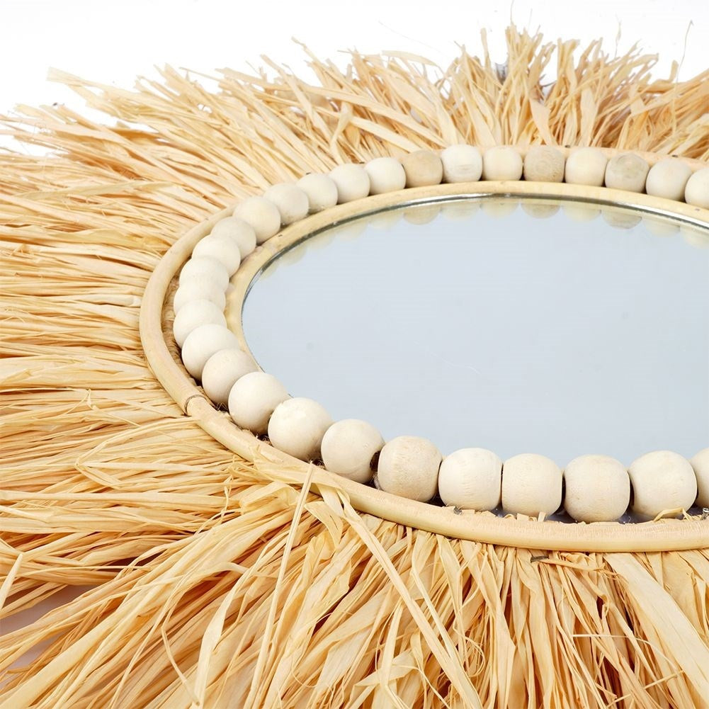 Stylish mirror 50 cm with raffia frame and wooden beads