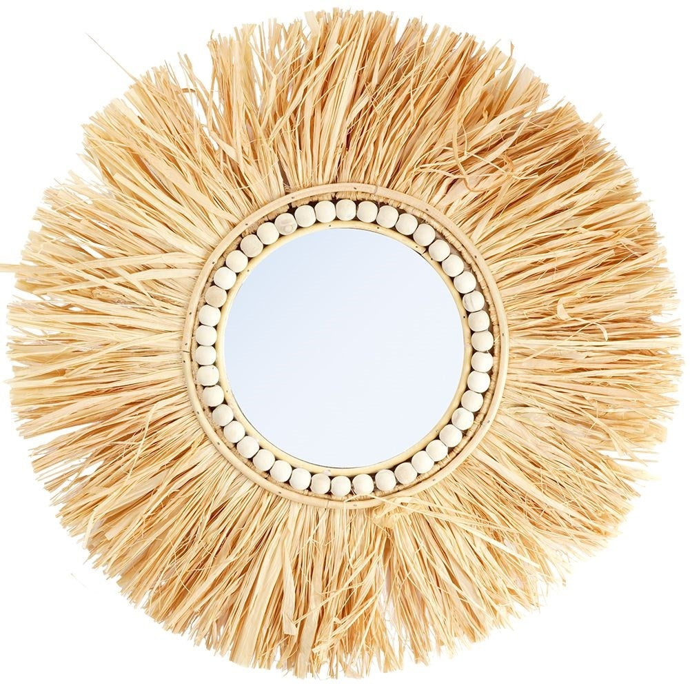 Stylish mirror 50 cm with raffia frame and wooden beads