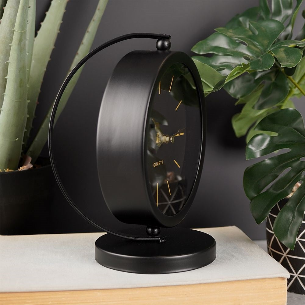 Stylish table clock in black metal for dresser or desk
