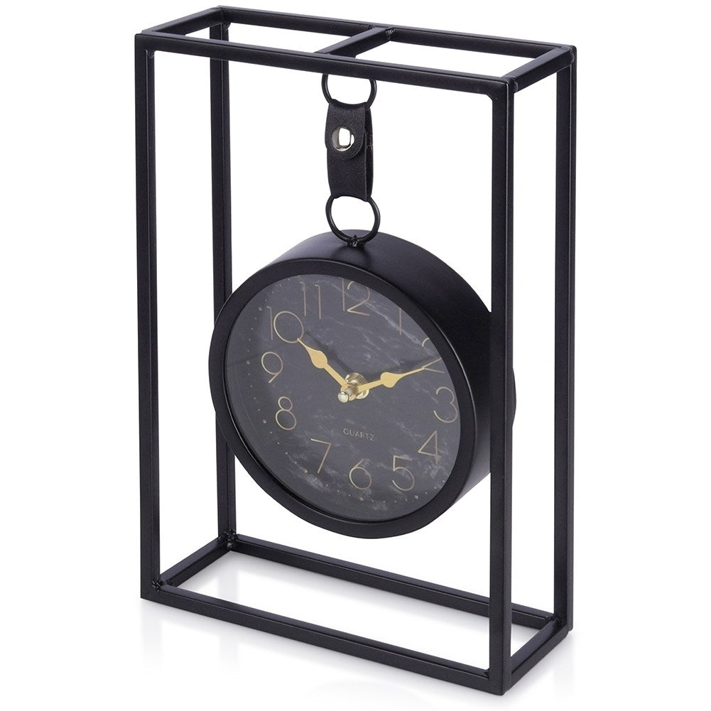 Stylish table clock with black marbled dial and metal frame