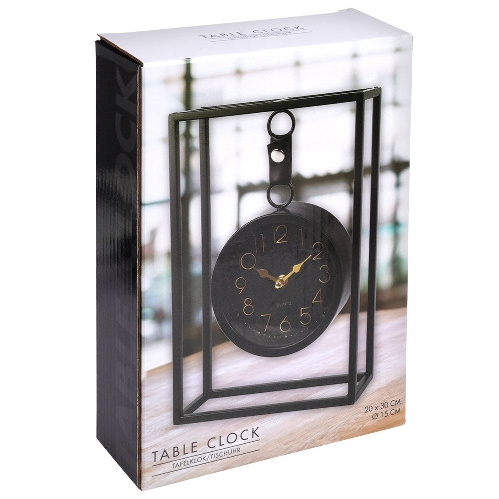 Stylish table clock with black marbled dial and metal frame