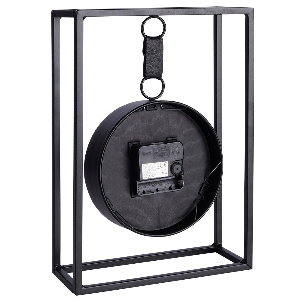 Stylish table clock with black marbled dial and metal frame
