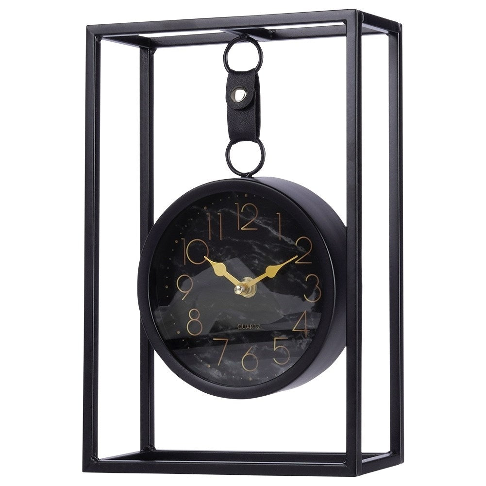 Stylish table clock with black marbled dial and metal frame