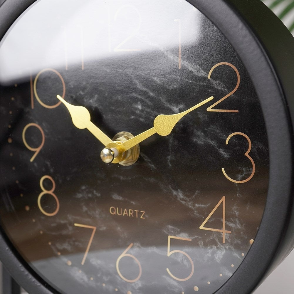 Stylish table clock with black marbled dial and metal frame
