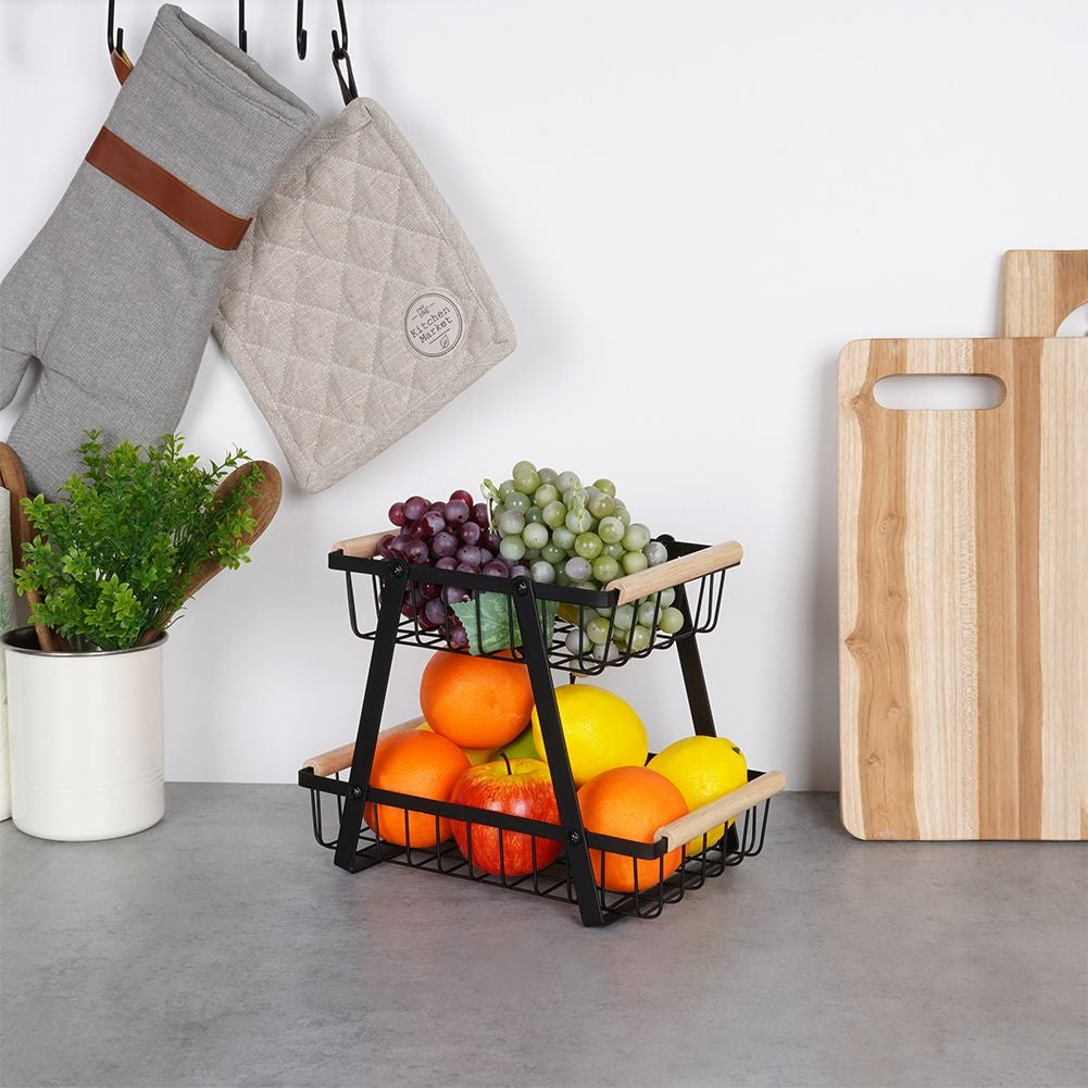 Stylish two-story fruit and vegetable basket in black metal