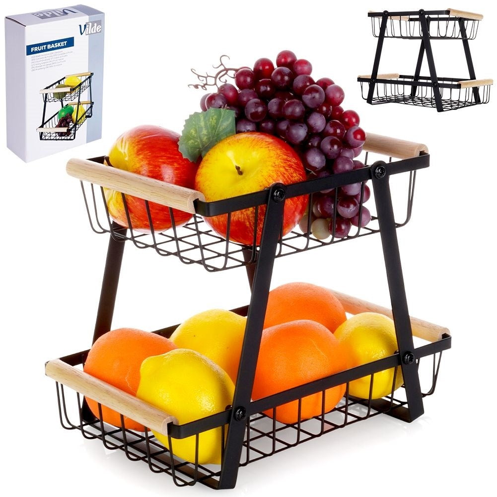 Stylish two-story fruit and vegetable basket in black metal