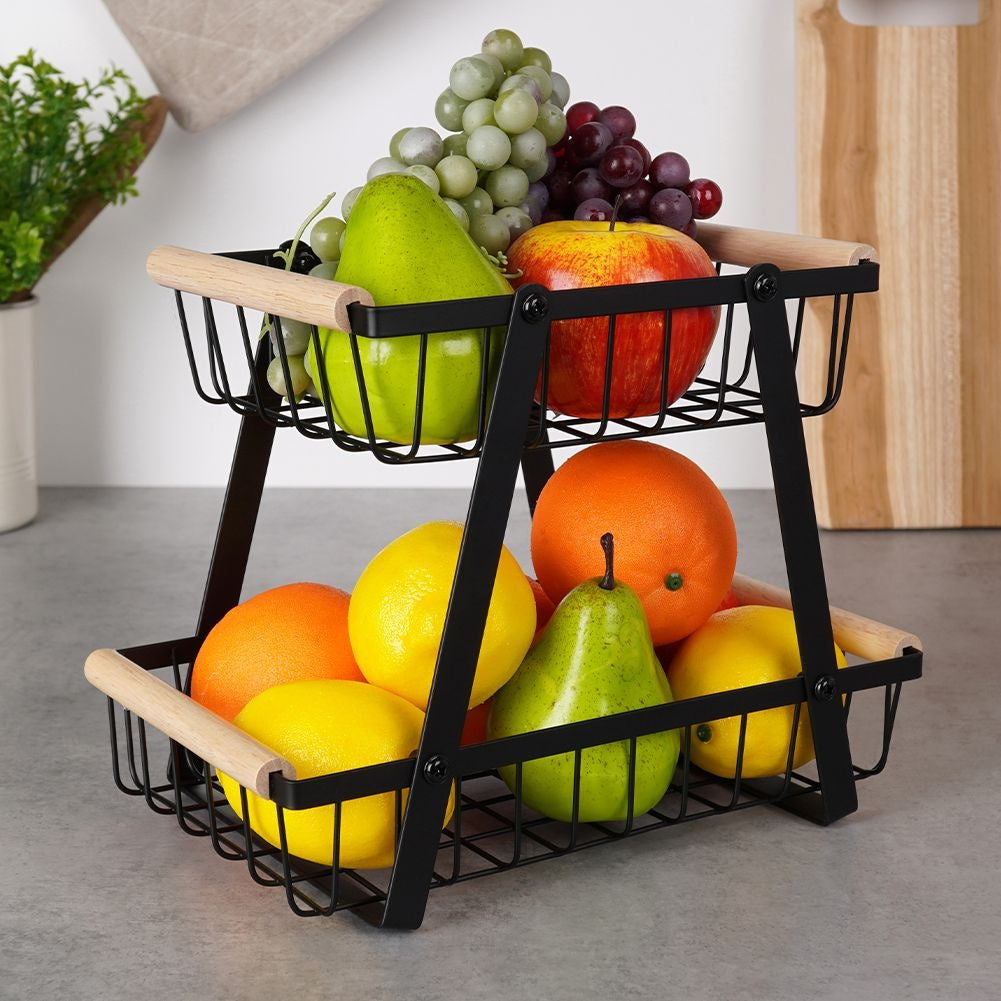 Stylish two-story fruit and vegetable basket in black metal