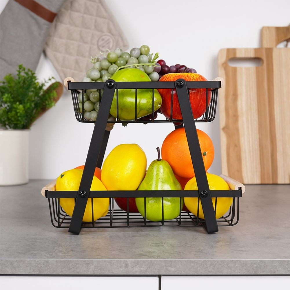 Stylish two-story fruit and vegetable basket in black metal