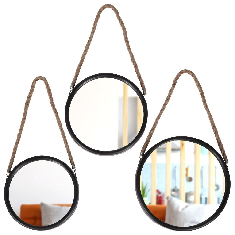Stylish wall mirrors with black frames and natural rope