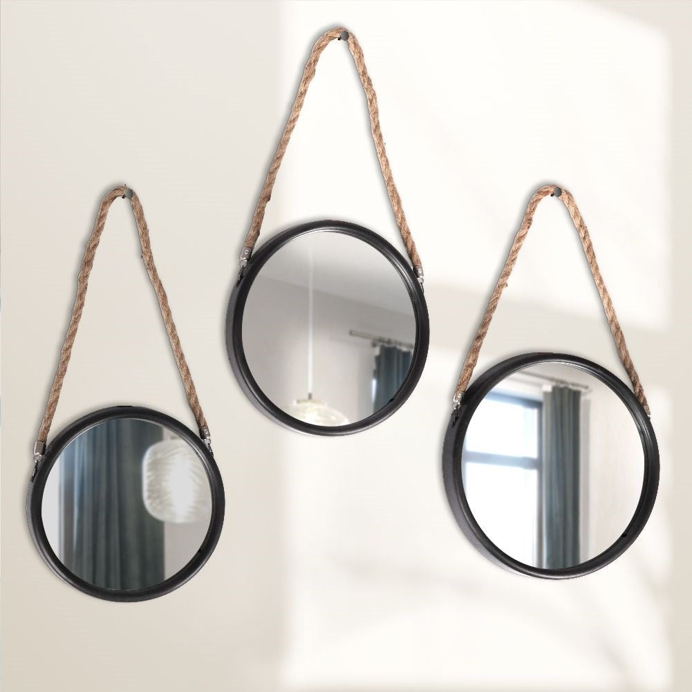 Stylish wall mirrors with black frames and natural rope
