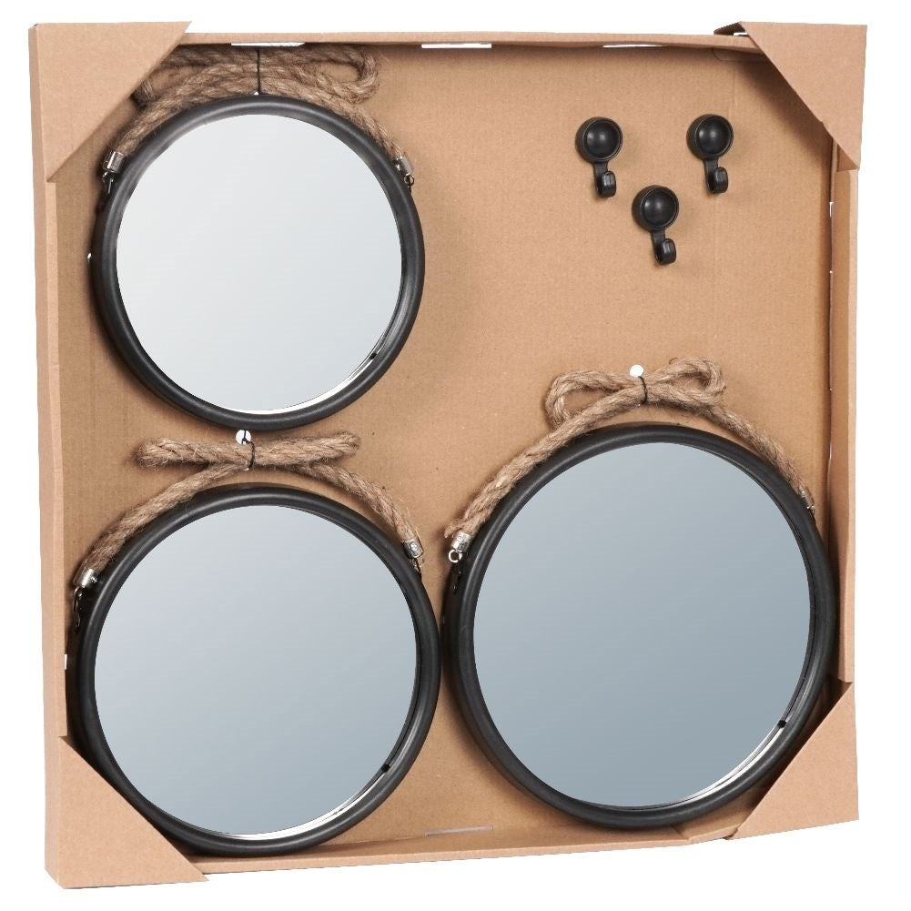 Stylish wall mirrors with black frames and natural rope