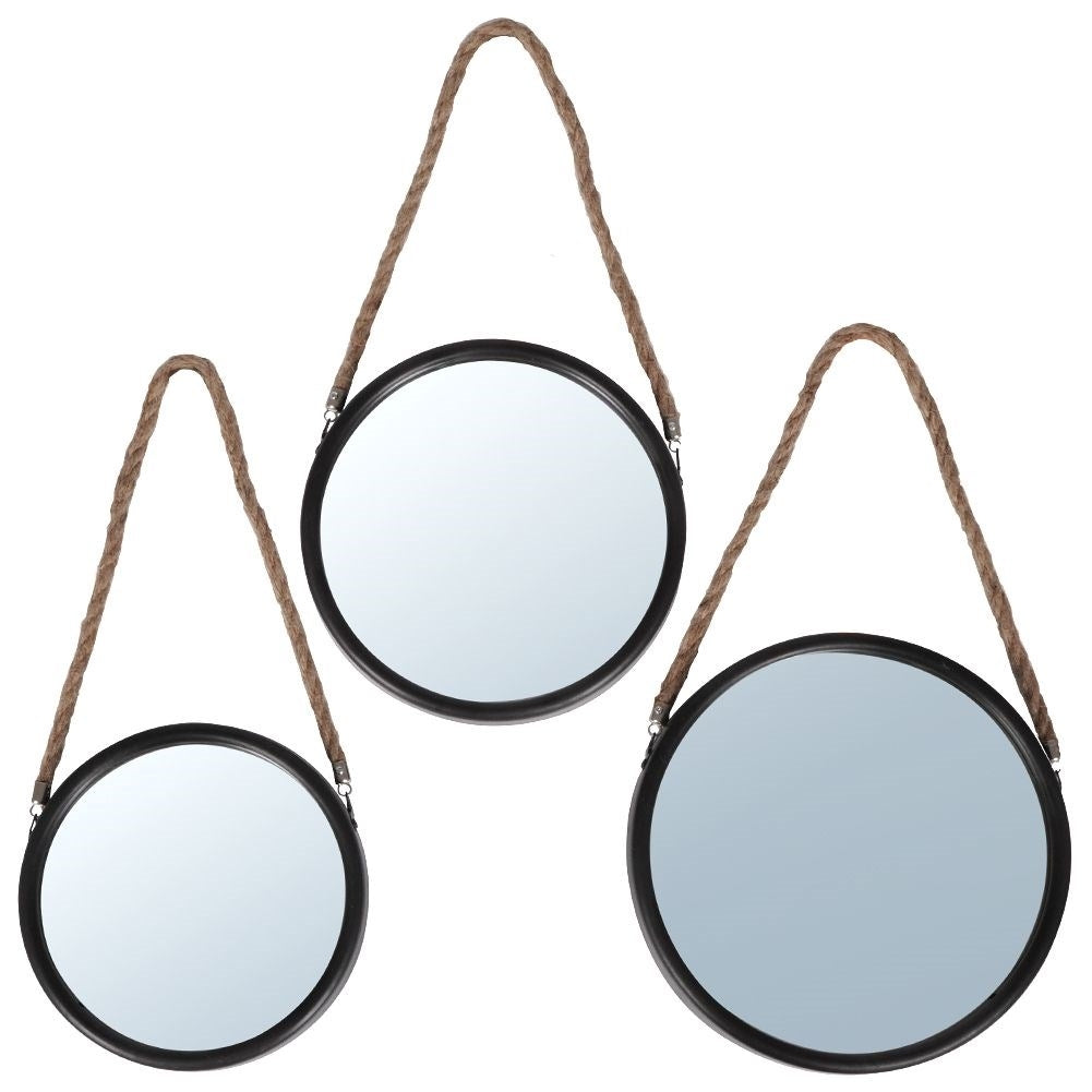 Stylish wall mirrors with black frames and natural rope