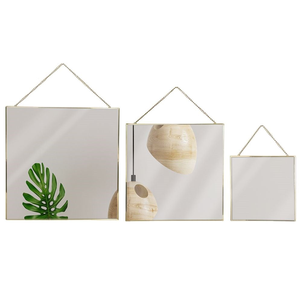 Stylish wall mirrors with golden metal frame and chain suspension