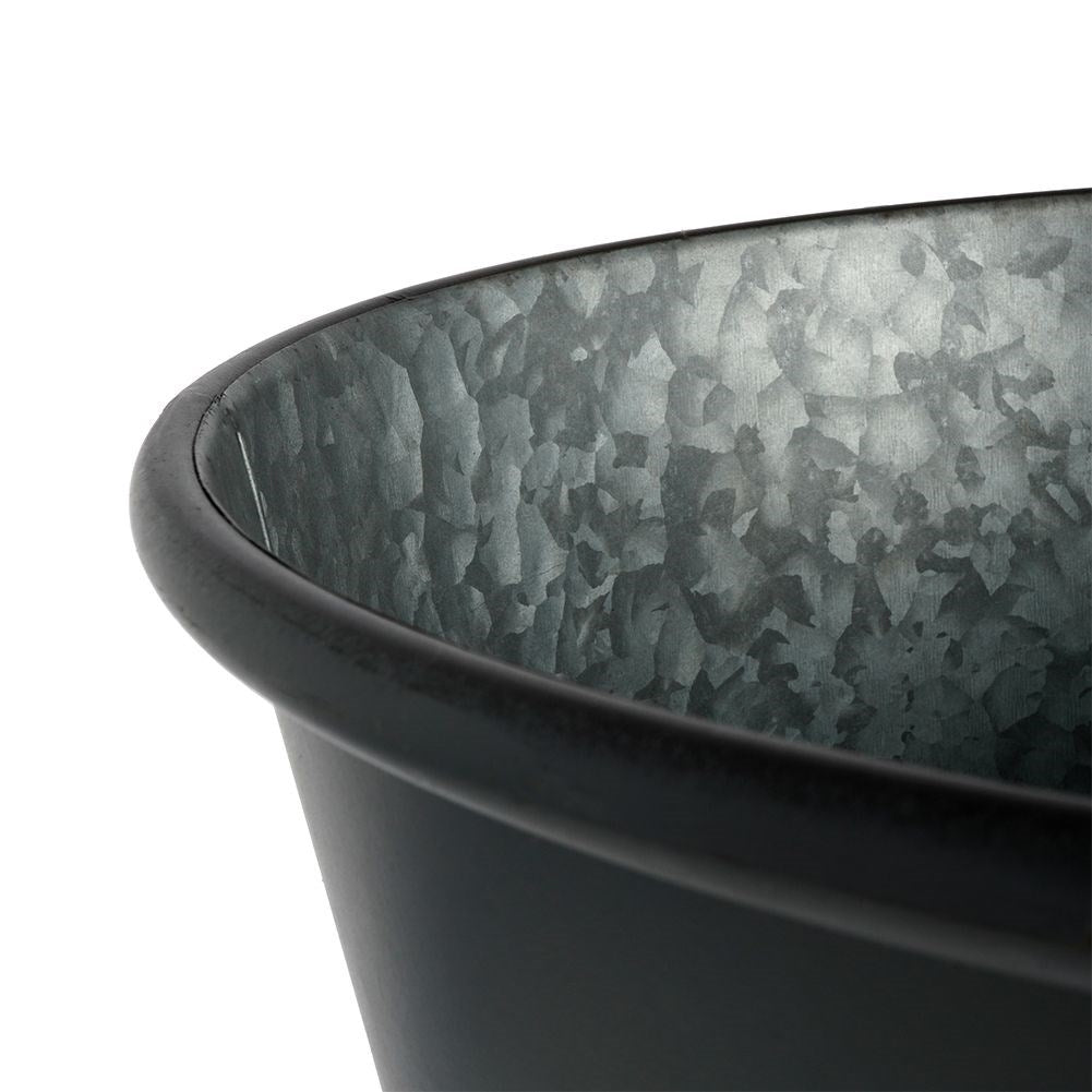 Stylish zinc pot on three legs in graphite color with text