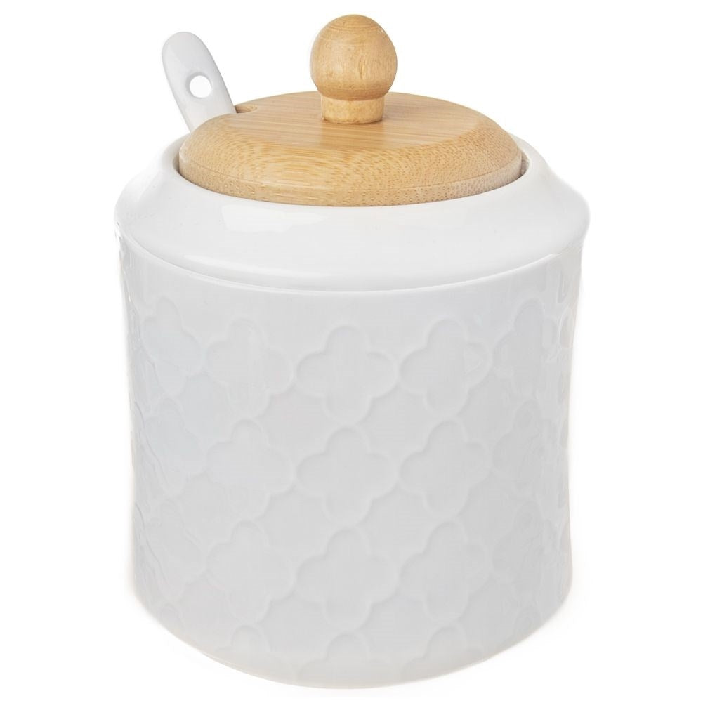 Sugar bowl in porcelain and bamboo for serving and storage