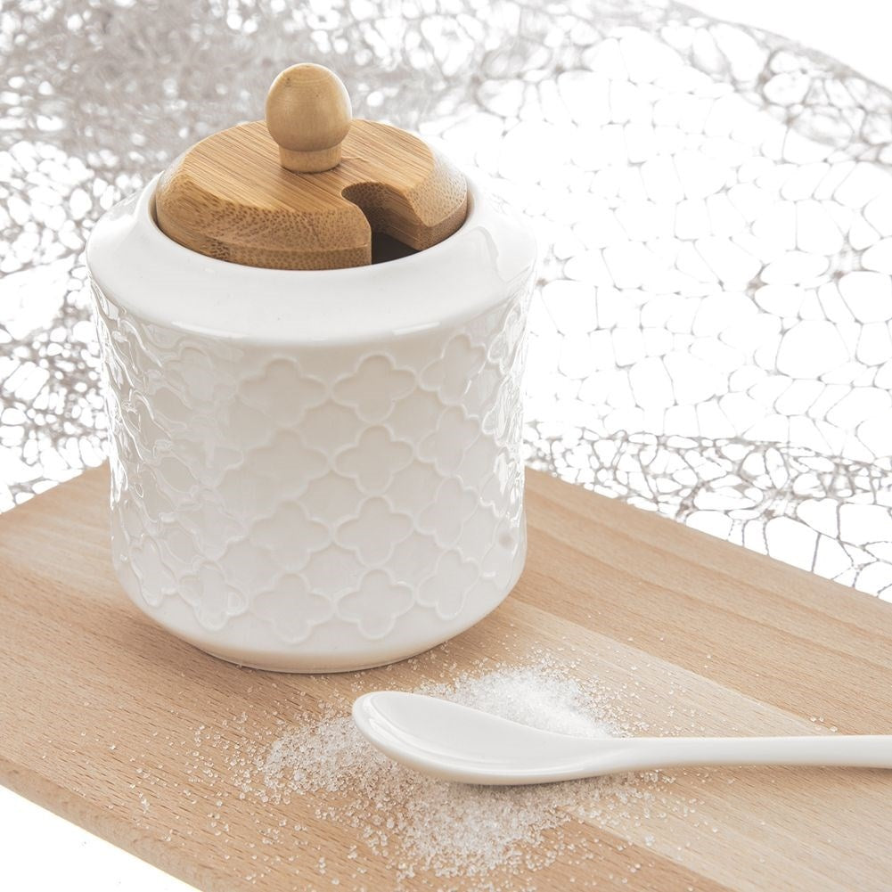Sugar bowl in porcelain and bamboo for serving and storage