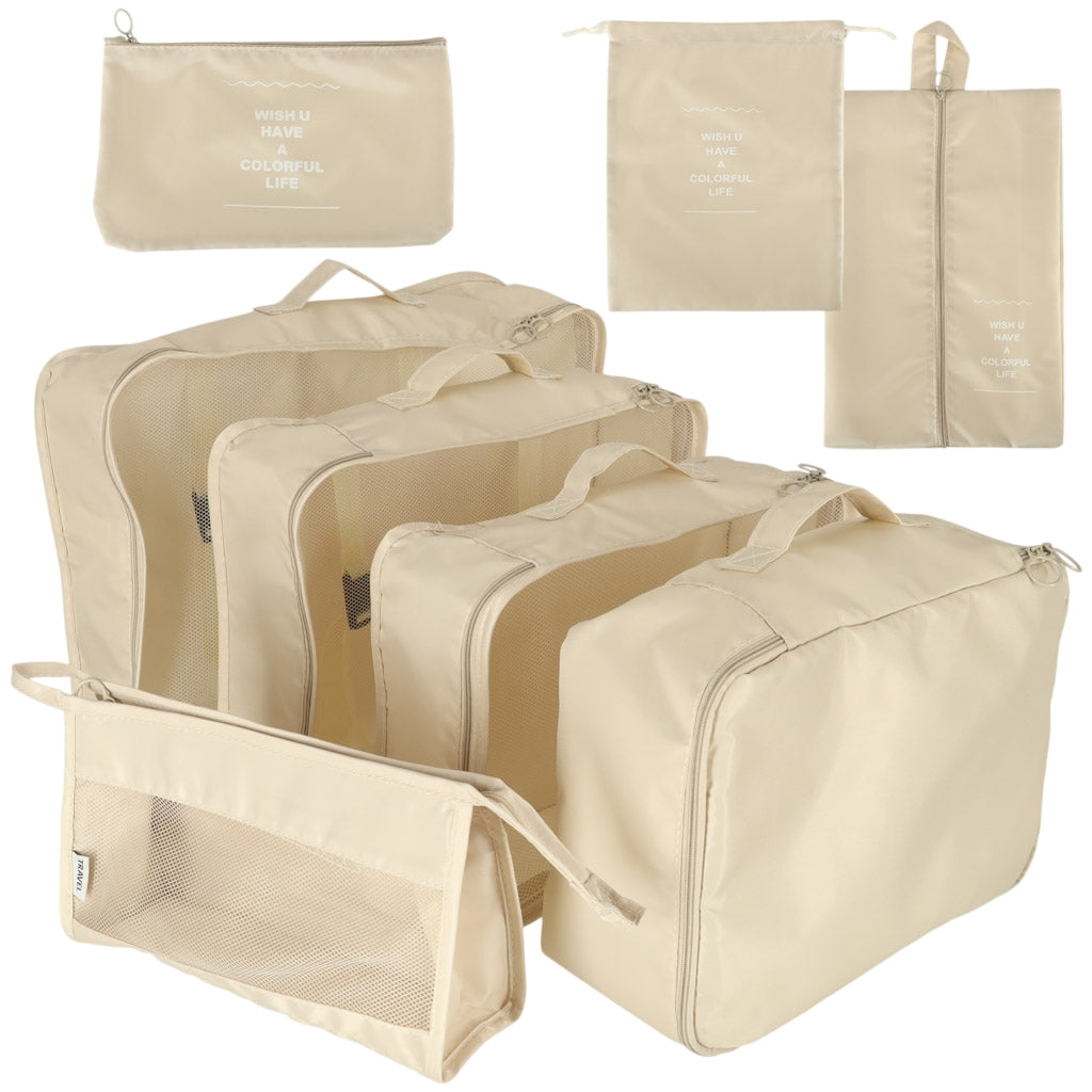 Suitcase organisers travel set 8 pieces clothes storage accessories waterproof bags make-up bag shoe bag beige