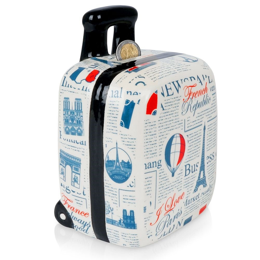 Suitcase shaped piggy bank: Ceramic, White, Paris decorations