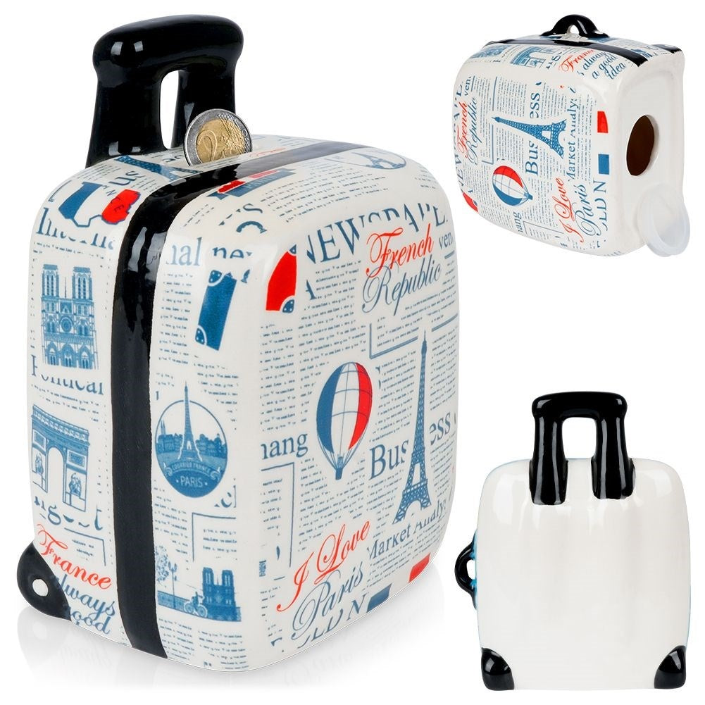 Suitcase shaped piggy bank: Ceramic, White, Paris decorations